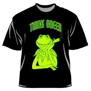 black shirt with green frog on it